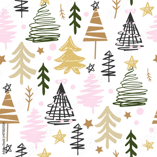 Christmas trees seamless pattern. Vector illustration of doodle style. Symbol of the new year