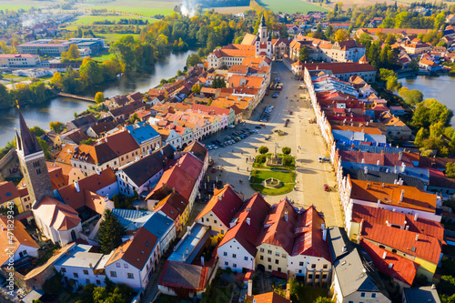 Picturesque aerial view of old buildings of Telc cityscape with ponds, Czech Republic