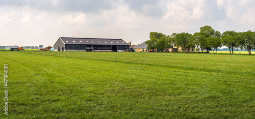 Modern Dutch farm with lots of grassland in the province of North Brabant. The photo was taken on a slightly cloudy day at the end of the spring season.