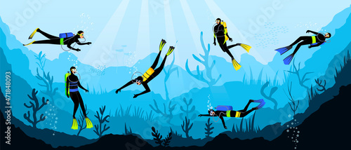 Scuba divers swimming with aqualungs underwater of blue sea, ocean explore bottom with sea grass, coral reef in background, sunbeams light through cover of water. Flat vector illustration