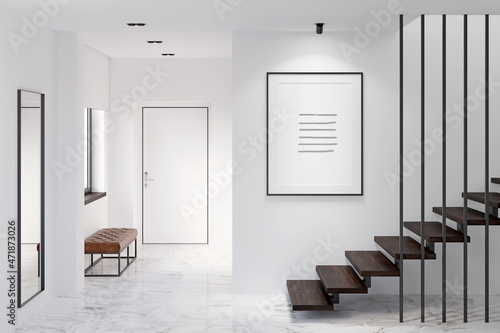 White minimalist lobby with the illuminated vertical poster above the stairs, black-framed mirror, marble floor. There is an entrance door, a leather bench near the window in the background. 3d render