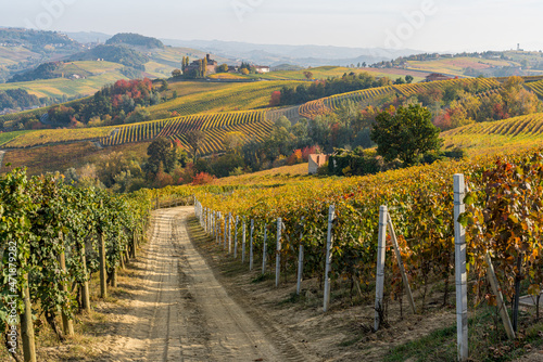 Beautiful autumnal landscape with the Castello della Volta, in the langhe region of Piedmont, Italy.