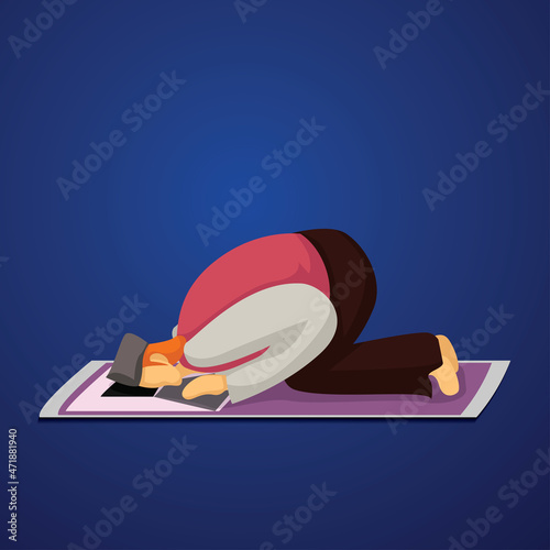 Illustrations of men praying in Islam prostration are suitable to be elements of various Islamic-themed designs, such as Eid prayer, Eid al-Adha, lunar and solar eclipse prayers, etc.