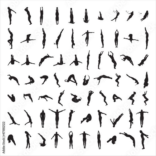 Collection of black silhouettes of diving sport characters isolated on a white background.