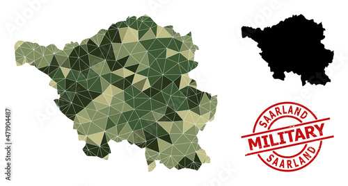 Low-Poly mosaic map of Saarland State, and rubber military stamp seal. Low-poly map of Saarland State is combined with random camo filled triangles.