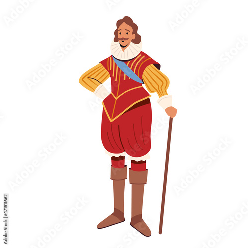 Medieval Lord, Character of 16th Century, Royal Middle Ages Personage Wear Luxury Clothes and Walking Cane, Aristocrat