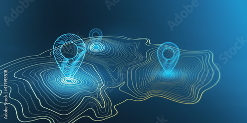 Abstract glowing map geoposition with marker on dark blue wallpaper. Travel and direction concept. 3D Rendering.