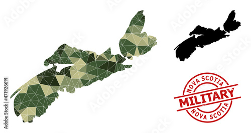 Triangle mosaic map of Nova Scotia Province, and scratched military stamp print. Low-poly map of Nova Scotia Province is designed of scattered camo colored triangles.