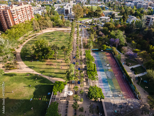 Park Ines de Suarez in Santiago, Chile, Latianomerica. Aerial photo from a drone, 