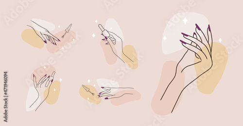 Female manicured hands. Lady painting, polishing nails. Nail polish. Vector Illustration of Elegant female hands in a trendy minimalist style. Beauty logo for nail studio or spa salon.