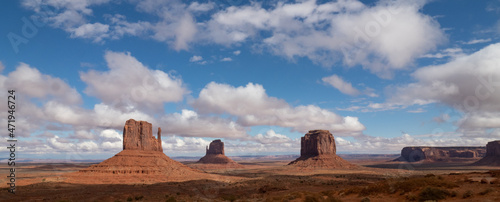 Panorama of West Mitten, East Mitten and Merrick Buttes in Monument Valley