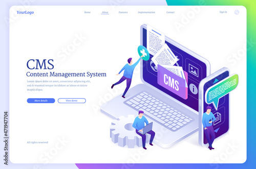 Content management system banner. Concept of development software for social media, update and admin apps. Vector landing page of CMS with isometric people work with computer and mobile phone