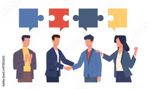 Consensus. Agreement in discussion. People shake hands. Puzzle connection. Successful negotiation. Business communication. Employees cooperation. Jigsaw parts matching. Vector concept