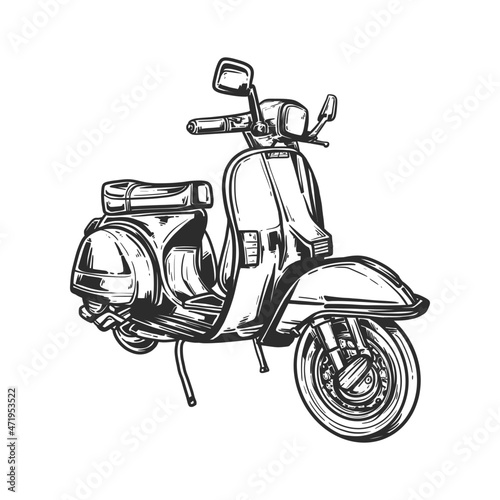 Hand Drawn Classic Scooter Black And White. line art vector style