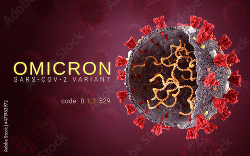 Omicron coronavirus variant Sars ncov 2 2021 2022. Omicron B.1.1.529 Strain. South Africa Coronavirus variant. 3D illustration 