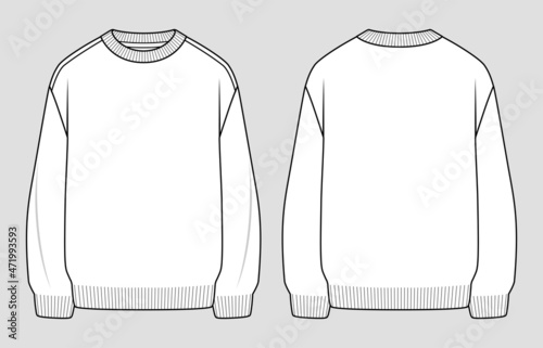 Oversized sweater. Unisex jumper. Vector technical sketch. Mockup template.