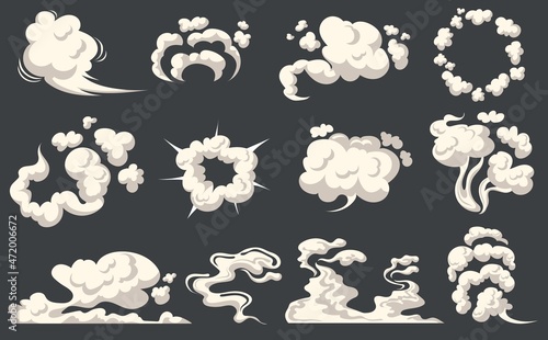 Cartoon dust clouds. Comic cloud shape, spray air smoke, fog road, explosion bomb, car gas, puff magic effect, steam wind silhouette, spooky fume smog