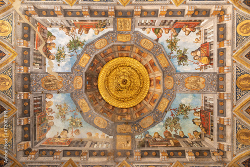 FERRARA, ITALY - NOVEMBER 9, 2021: The renaissance ceiling frescoes in the palace Palazzo Costabili by Benvenuto Tisi (Garofalo 1481 – 1559)