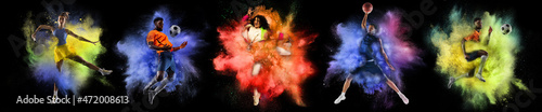 Collage with professional football players and boxer posing in explosion of paints and colorful powder. Sport, fashion, show concept
