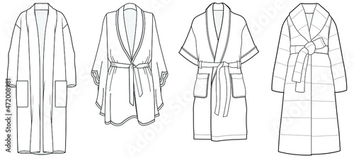 dressing gown, bathrobe fashion flat sketch vector illustration unisex self belt bathrobe template isolated illustration on white background. CAD mockup.