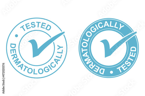 Dermatologically tested icon. Blue icons on a white background. A tick in the center and a circular inscription dermatologically tested