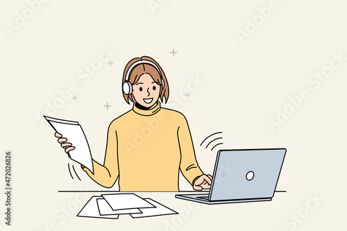 Smiling girl in earphones study online on computer with school paperwork material. Happy woman take web course on laptop, have webcam video class on gadget. Distant education. Vector illustration. 