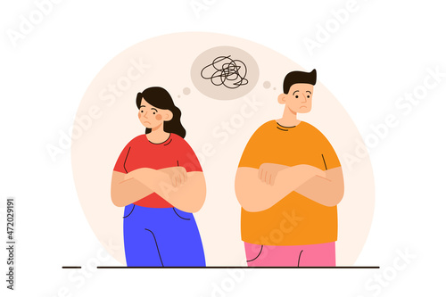 Sad man and woman after quarrel thinking about problems. Family crisis, breakup and divorse concept. Modern flat vector illustration