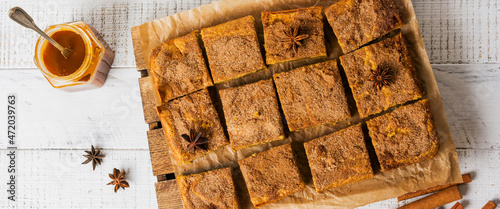 Spicy Pumpkin Cbars Blondie Squares with Cinnamon, Anise and Caramel. Traditional English Dessert. Top view