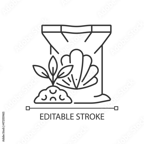 Shellfish fertilizer linear icon. Organic soil supplement. Seafood byproduct as feeding. Thin line customizable illustration. Contour symbol. Vector isolated outline drawing. Editable stroke