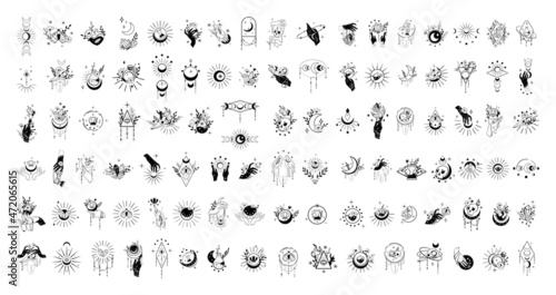 Collection of black and white esoteric tattoos. Mystical stickers.