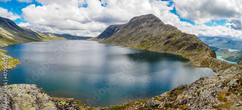 View Bessvatnet lake from the famous Besseggen hiking trail, Norway