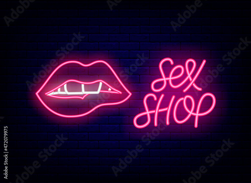 Neon lips sign. Sex shop lettering. Night bright promotion. Intimate items store. Vector stock illustration