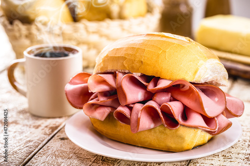 Traditional mortadella sandwich, pork served in bakeries in Brazil with black coffee