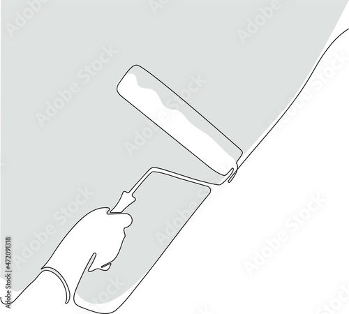 Continuous one line drawing of human hand holds paint brushes with paint can, floor painting, blank space for your text, banner, advertisement or your design minimal outline. Vector illustration
