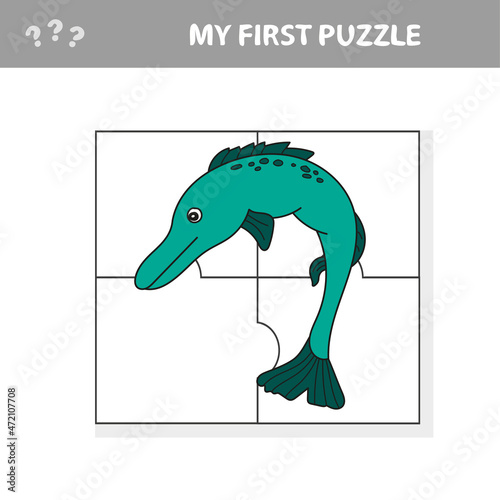 Jigsaw puzzle with pike fish. Educational game for children. Vector illustration. My first puzzle