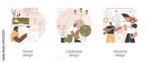 Design studio abstract concept vector illustration set. Interior and industrial design, landscape planning, decor ideas and tips, rooftop garden, product usability, architecture abstract metaphor.