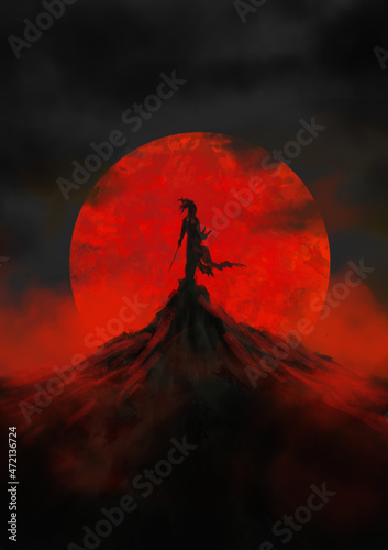 A lone ninja stands on a mountain at night, against the backdrop of a red moon.