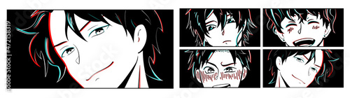 Set of close up faces anime young mans. Manga style characters with Glitch effect. Cartoon face