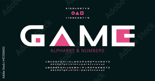 Modern minimal alphabet with pink geometric spots, circle, square, triangle, font, type for futuristic logo, headline, creative lettering and maxi typography.