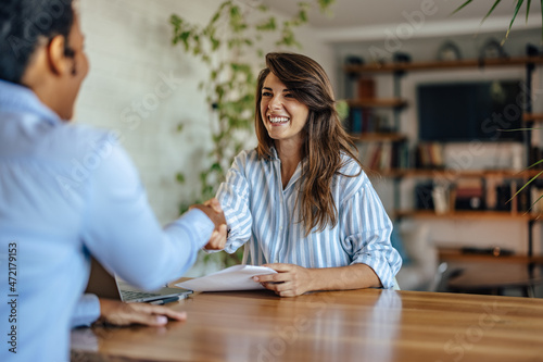 Happy caucasian woman, getting hired for the job