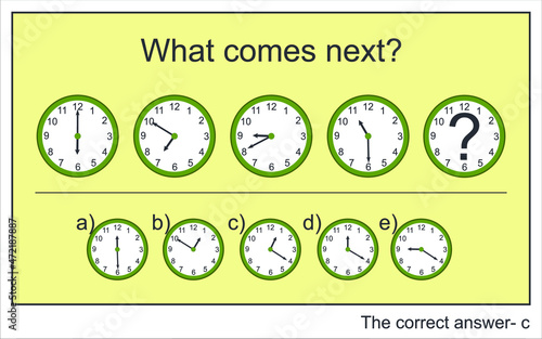 Educational worksheet for kids. What comes next. Exercise about time and clocks.