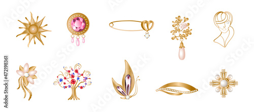 Set of realistic golden brooches. Jewelry with precious stones.