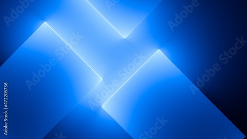 3d render, abstract minimal neon background with glowing lines. Wall illuminated with blue light. Simple geometric wallpaper