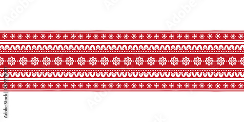 Scandinavian folk art Floral Christmas stamp pattern border seamless vector. Ethnic Nordic style sweater ornament decoration with flowers. Season red and white ribbon design for holiday party card.