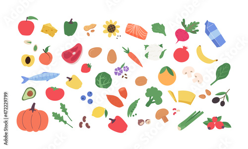 Healthy, organic food set. Vegetables,fruits,mushrooms,nuts,meat, milk and fish collection. Colored vector flat illustration isolated on white background.