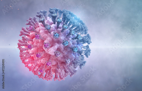 Coronavirus covid-19 Omicron variant. B.1.1.529 mutation virus cell 3D medical illustration background. Africa corona virus strain 2019-ncov sars. Mutated omicron coronavirus SARS-CoV-2 flu disease