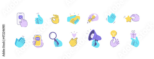 Colorful hands illustration set. Characters hands holding smartphone, megaphone, different objects. They pointing on something, waving and making other gestures. Vector illustration.