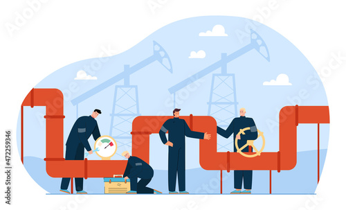 Oil and gas pipeline leak control by team of workers. People carrying out pipe leakage testing and maintenance with equipment flat vector illustration. Service pipe inspection, energy industry concept