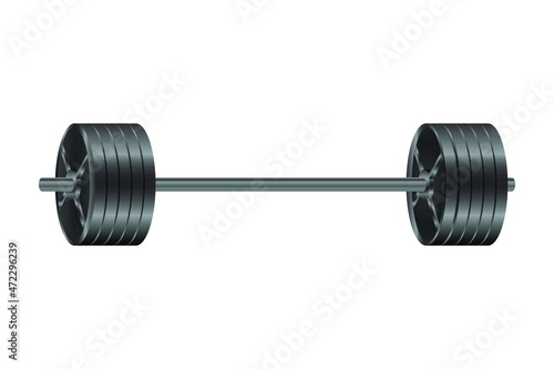  realistic fitness vector front view of an olympic barbell with black iron plates isolated on white background.