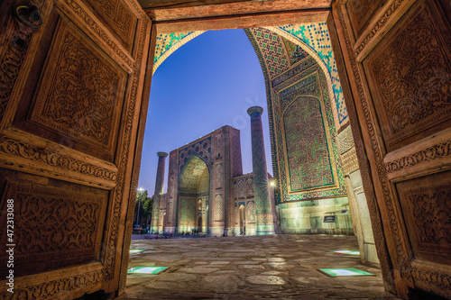 Central Asia, Uzbekistan, Samarkand. Mosque complex at twilight.